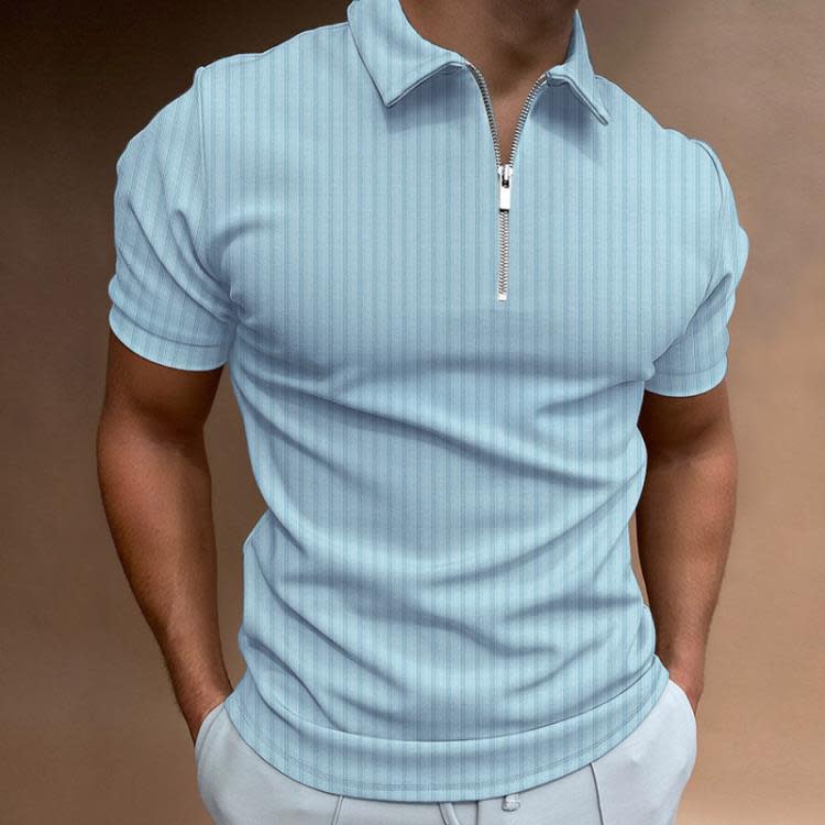 歐美2023夏季男裝T恤條紋拉鍊短袖男式彈性POLO衫上衣純色-細節圖6