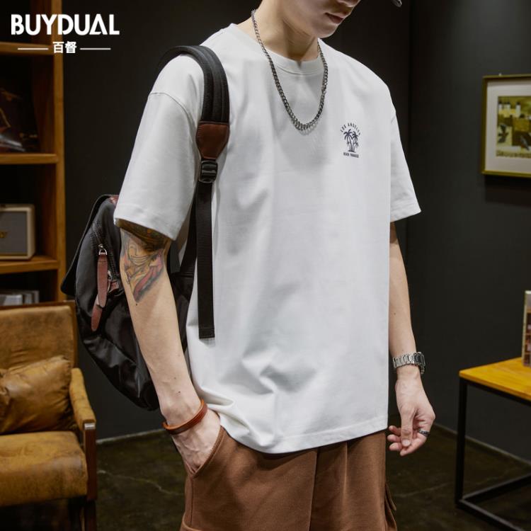 短袖T恤 美式重磅男夏季潮流男裝2023新款寬松半袖上衣印花體恤衫-細節圖3