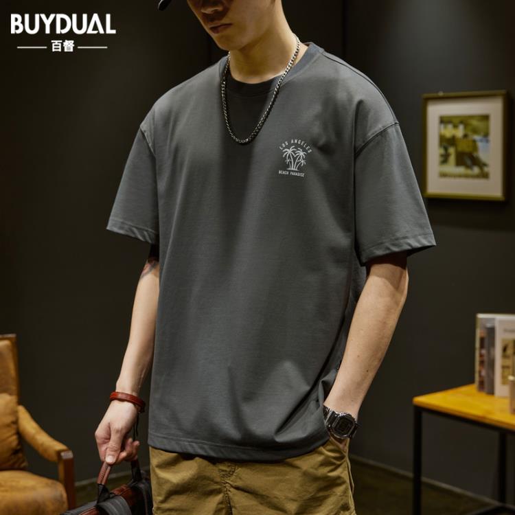 短袖T恤 美式重磅男夏季潮流男裝2023新款寬松半袖上衣印花體恤衫-細節圖4