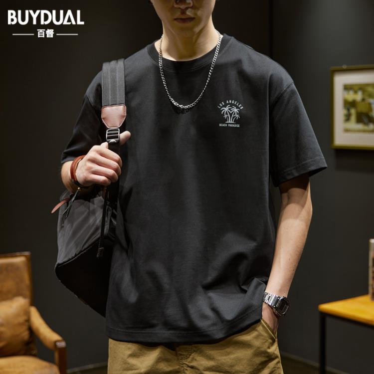 短袖T恤 美式重磅男夏季潮流男裝2023新款寬松半袖上衣印花體恤衫-細節圖5