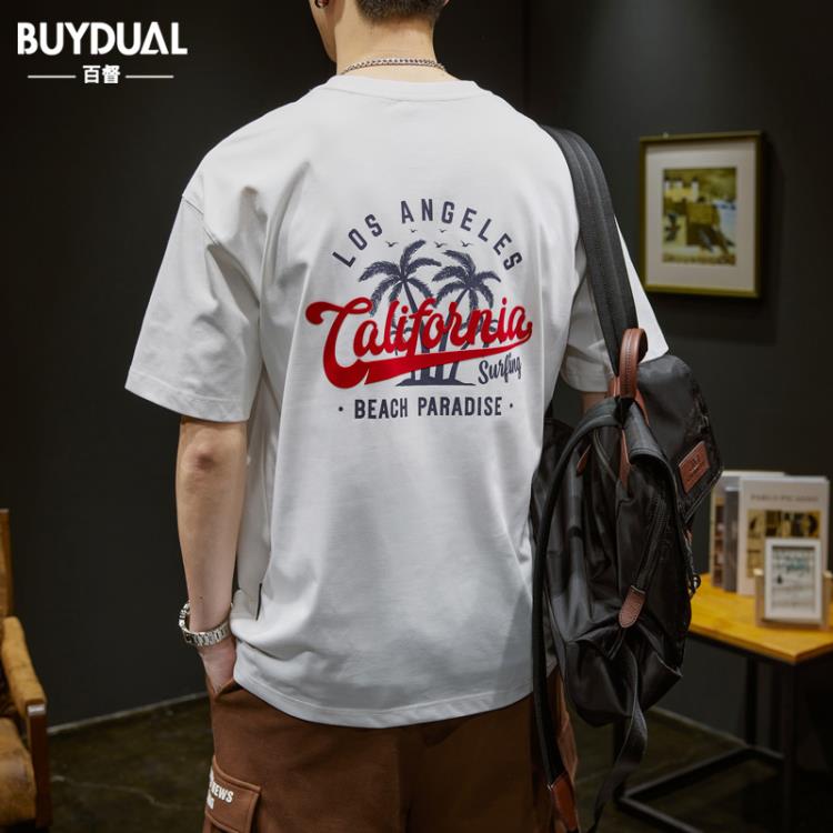 短袖T恤 美式重磅男夏季潮流男裝2023新款寬松半袖上衣印花體恤衫-細節圖6