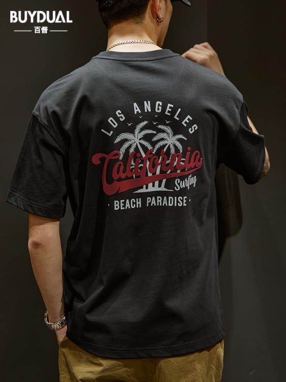 短袖T恤 美式重磅男夏季潮流男裝2023新款寬松半袖上衣印花體恤衫-細節圖7