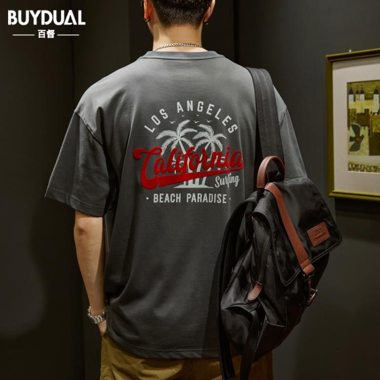 短袖T恤 美式重磅男夏季潮流男裝2023新款寬松半袖上衣印花體恤衫-細節圖8