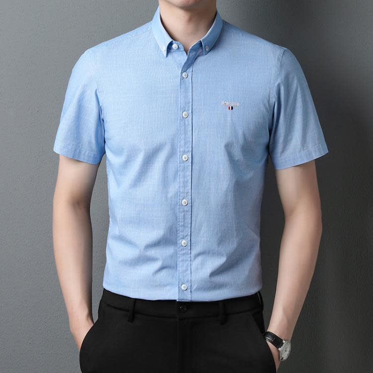 襯衫 2023夏季新款上新純棉男裝短袖翻領條紋細格輕商務青年通勤款-細節圖2