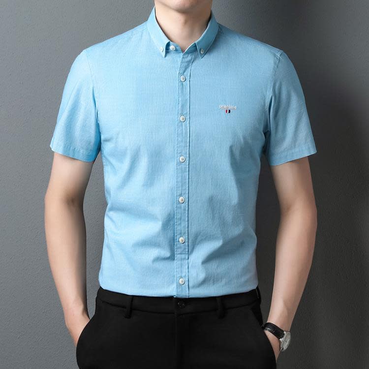 襯衫 2023夏季新款上新純棉男裝短袖翻領條紋細格輕商務青年通勤款-細節圖3