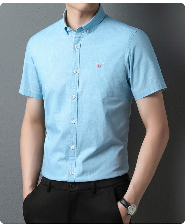 襯衫 2023夏季新款上新純棉男裝短袖翻領條紋細格輕商務青年通勤款-細節圖6