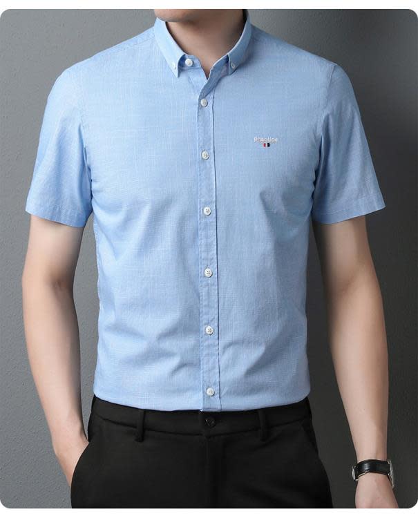 襯衫 2023夏季新款上新純棉男裝短袖翻領條紋細格輕商務青年通勤款-細節圖8