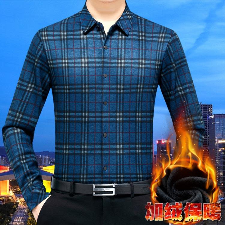 品牌冬季保暖襯衫男士長袖加絨加厚山羊絨格子襯衣中年爸爸裝上衣-細節圖2