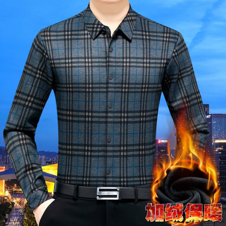 品牌冬季保暖襯衫男士長袖加絨加厚山羊絨格子襯衣中年爸爸裝上衣-細節圖3