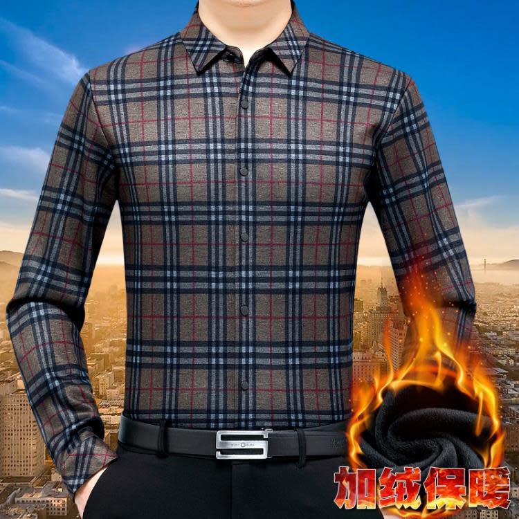 品牌冬季保暖襯衫男士長袖加絨加厚山羊絨格子襯衣中年爸爸裝上衣-細節圖4