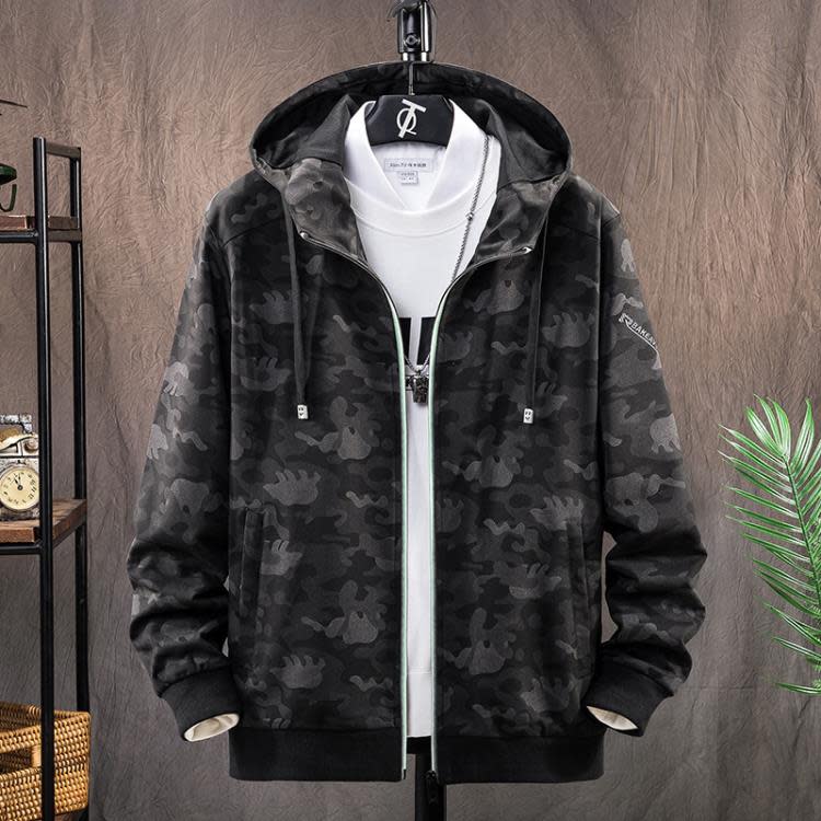 衛衣 男士外套春秋季正韓潮流連帽寬松加肥加大碼男裝休閒迷彩上衣-細節圖6