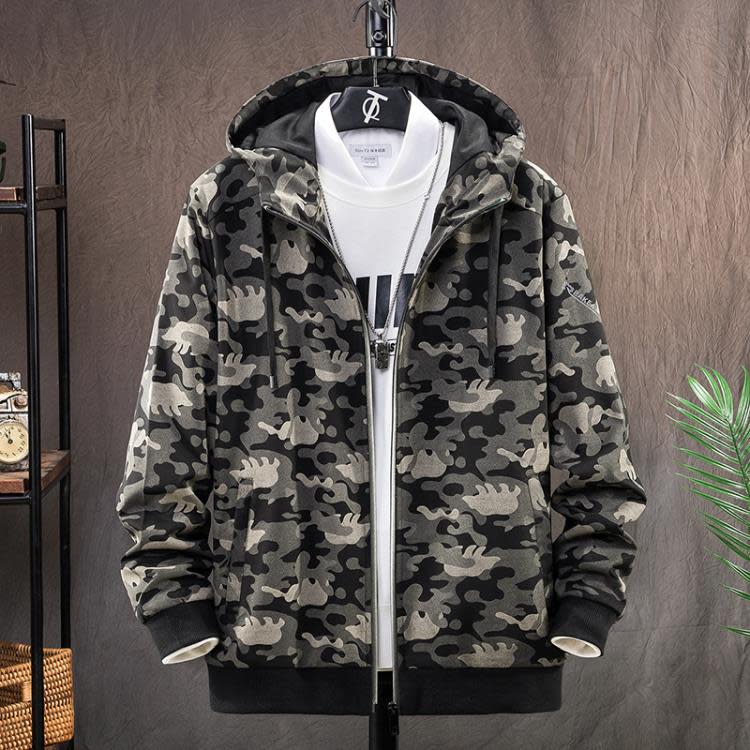 衛衣 男士外套春秋季正韓潮流連帽寬松加肥加大碼男裝休閒迷彩上衣-細節圖7