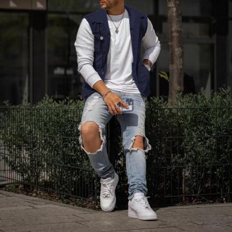 外套 歐美馬甲男外穿夏秋款男士休閒透氣毛邊翻領紐扣馬甲修身-細節圖3