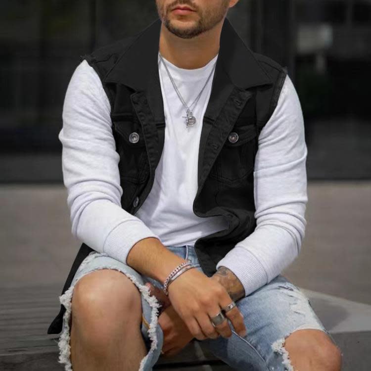 外套 歐美馬甲男外穿夏秋款男士休閒透氣毛邊翻領紐扣馬甲修身-細節圖4