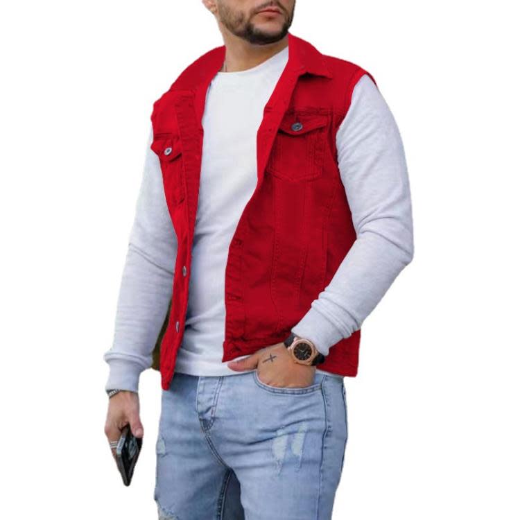 外套 歐美馬甲男外穿夏秋款男士休閒透氣毛邊翻領紐扣馬甲修身-細節圖5