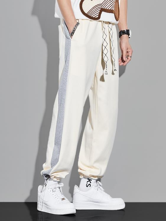 長褲 垂感直筒褲男春秋正韓潮流純棉針織運動抽繩束腳男士休閒褲子-細節圖2