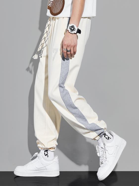 長褲 垂感直筒褲男春秋正韓潮流純棉針織運動抽繩束腳男士休閒褲子-細節圖3