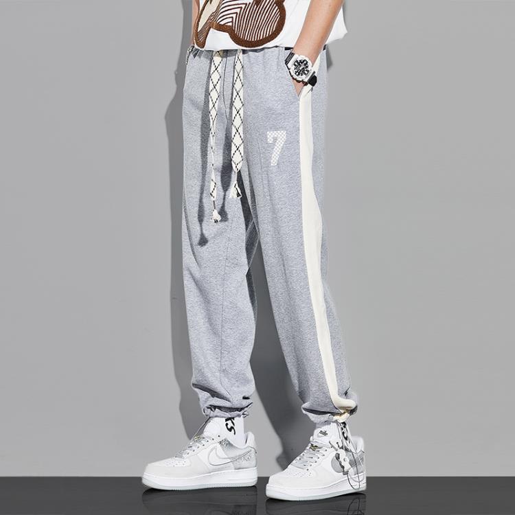 長褲 垂感直筒褲男春秋正韓潮流純棉針織運動抽繩束腳男士休閒褲子-細節圖6