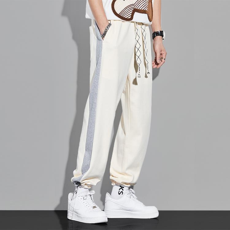 長褲 垂感直筒褲男春秋正韓潮流純棉針織運動抽繩束腳男士休閒褲子-細節圖7