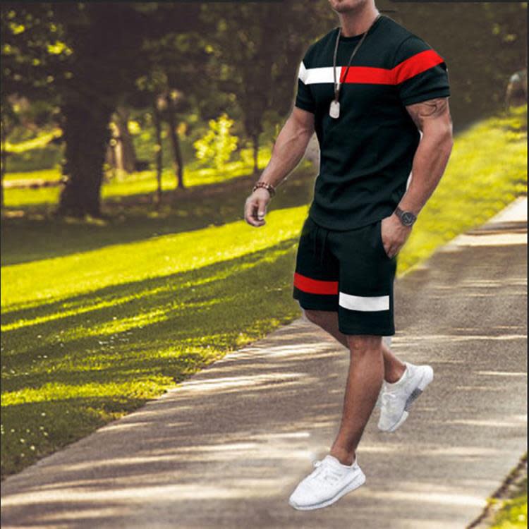 2023夏季男式短袖運動休閒套裝拼條拼圓領健身套裝男T恤-細節圖6
