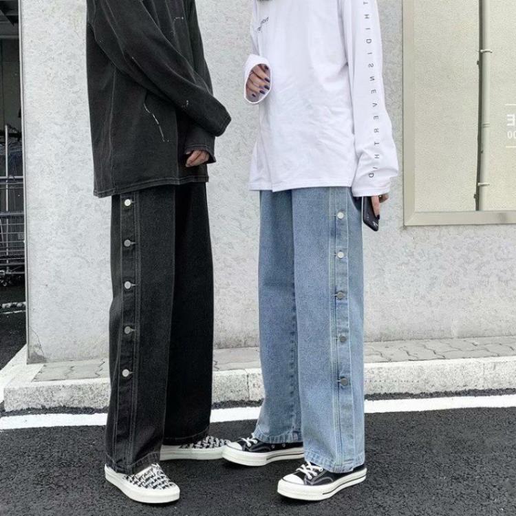排扣牛仔褲直筒寬松拖地褲潮流嘻哈褲子秋冬闊腿老爹潮牌ins男女-細節圖2