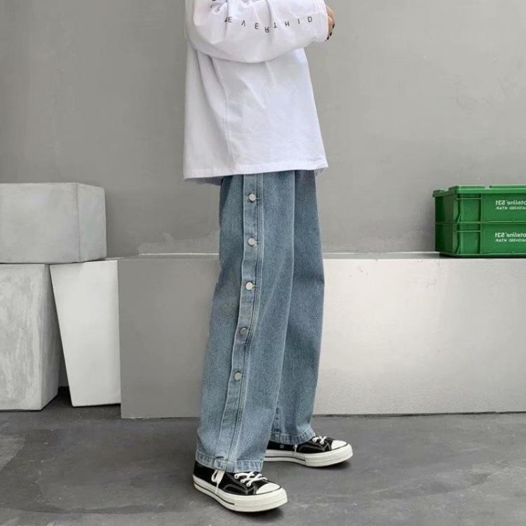 排扣牛仔褲直筒寬松拖地褲潮流嘻哈褲子秋冬闊腿老爹潮牌ins男女-細節圖4