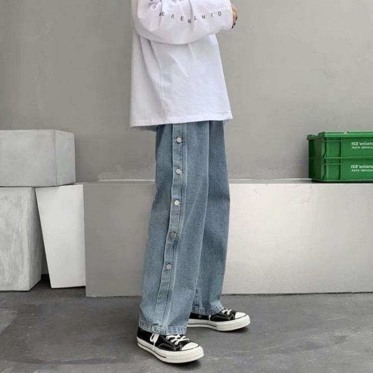排扣牛仔褲直筒寬松拖地褲潮流嘻哈褲子秋冬闊腿老爹潮牌ins男女-細節圖7
