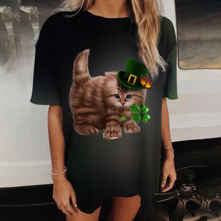 短袖T恤 歐美 女士夏季3D動物貓數碼印花圓領上衣-細節圖2