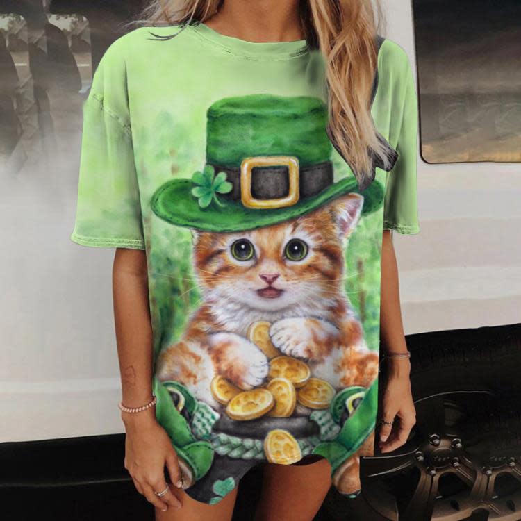 短袖T恤 歐美 女士夏季3D動物貓數碼印花圓領上衣-細節圖3