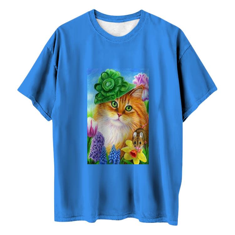 短袖T恤 歐美 女士夏季3D動物貓數碼印花圓領上衣-細節圖5