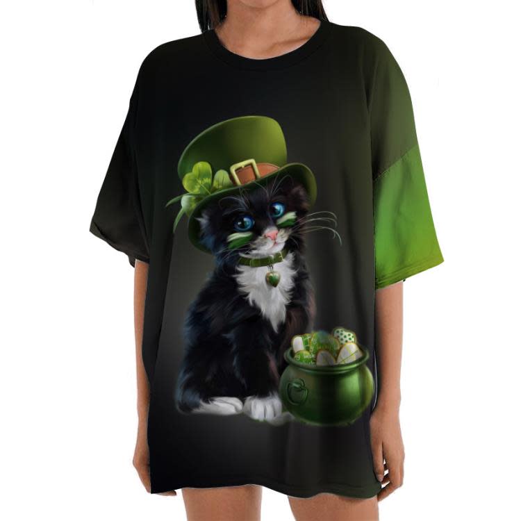 短袖T恤 歐美 女士夏季3D動物貓數碼印花圓領上衣-細節圖6