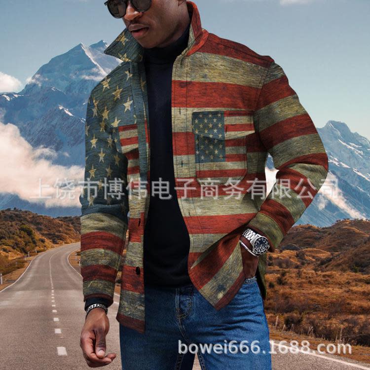 2023新款男士紐扣開衫3D國旗印花條紋時尚翻領夾克外套-細節圖2