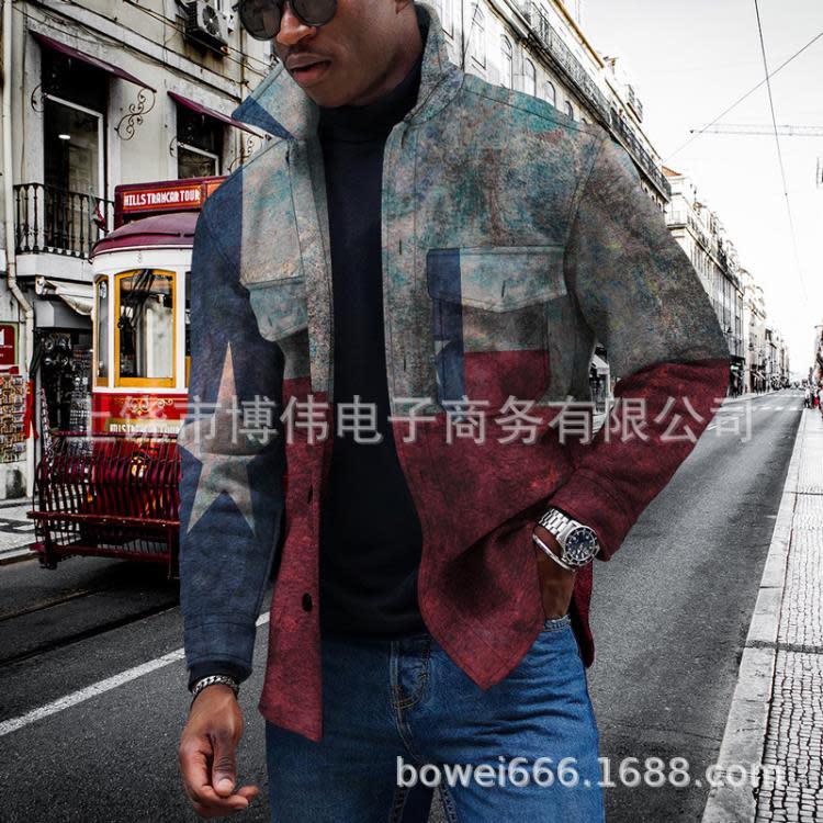 2023新款男士紐扣開衫3D國旗印花條紋時尚翻領夾克外套-細節圖4