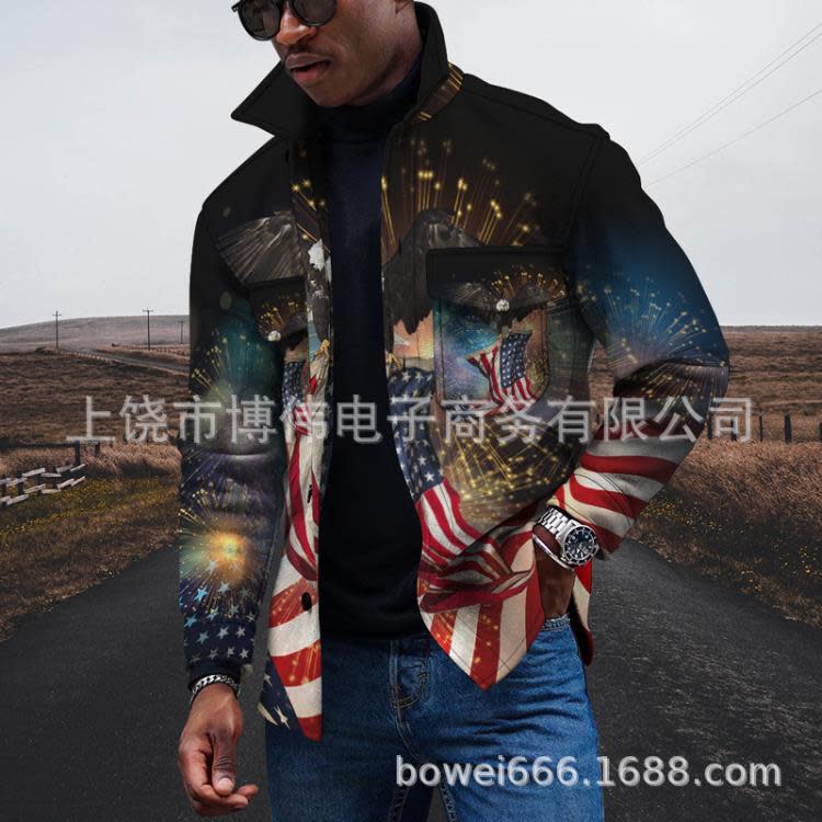 2023新款男士紐扣開衫3D國旗印花條紋時尚翻領夾克外套-細節圖6