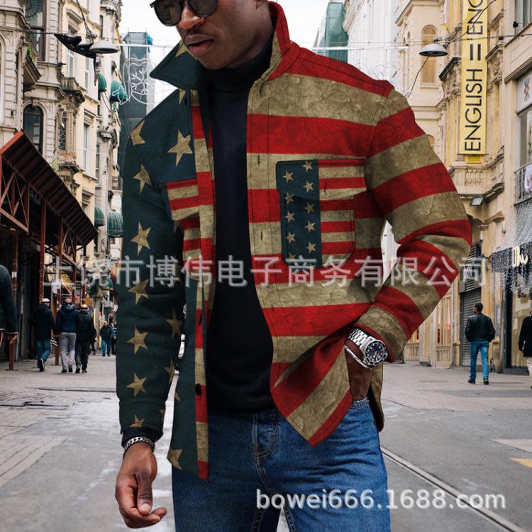 2023新款男士紐扣開衫3D國旗印花條紋時尚翻領夾克外套-細節圖8