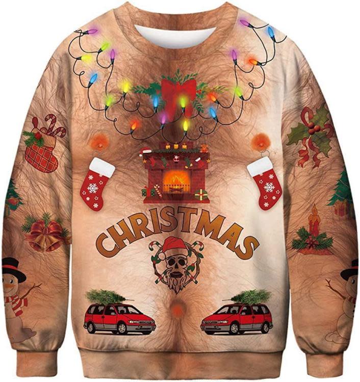 3D印花圣誕節胸毛搞怪圖案情侶圓領長袖衛衣套頭衫上衣-細節圖2