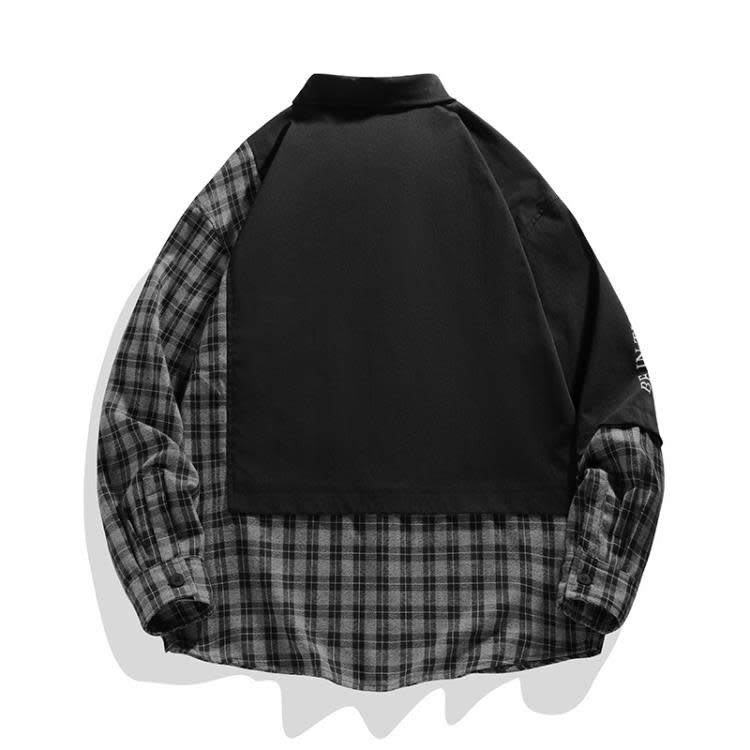 襯衫 潮牌撞色格子男長袖學生嘻哈印花休閒痞帥外穿寬松-細節圖3