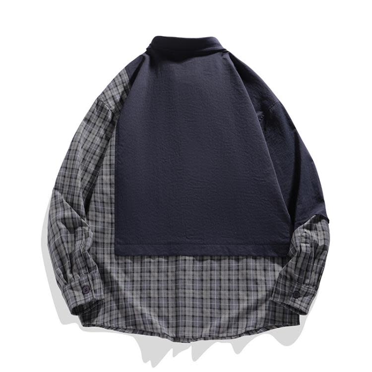 襯衫 潮牌撞色格子男長袖學生嘻哈印花休閒痞帥外穿寬松-細節圖4