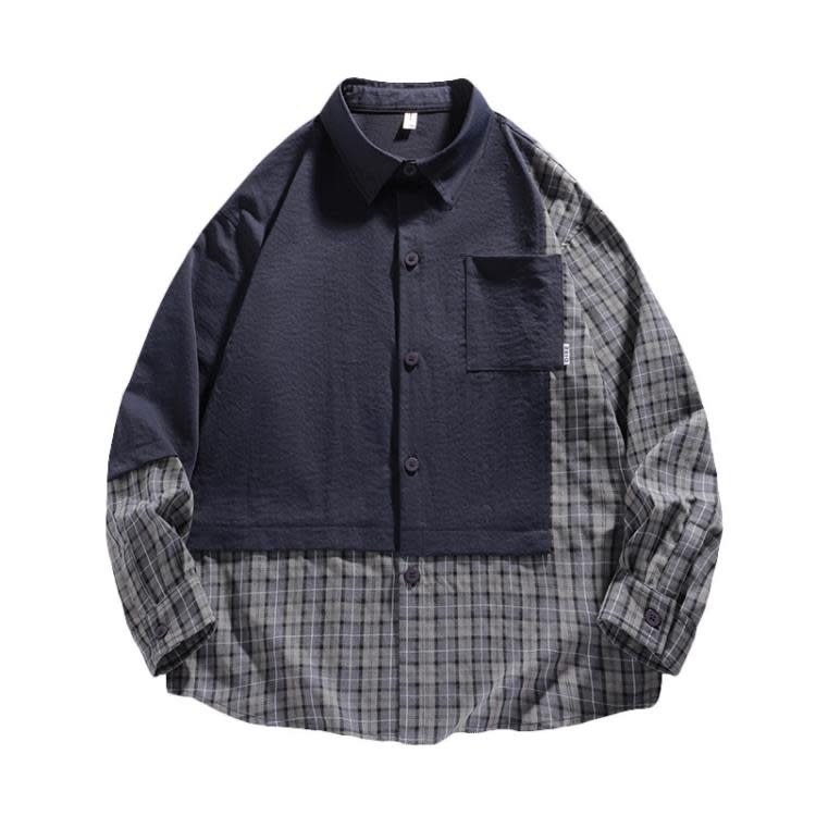 襯衫 潮牌撞色格子男長袖學生嘻哈印花休閒痞帥外穿寬松-細節圖5