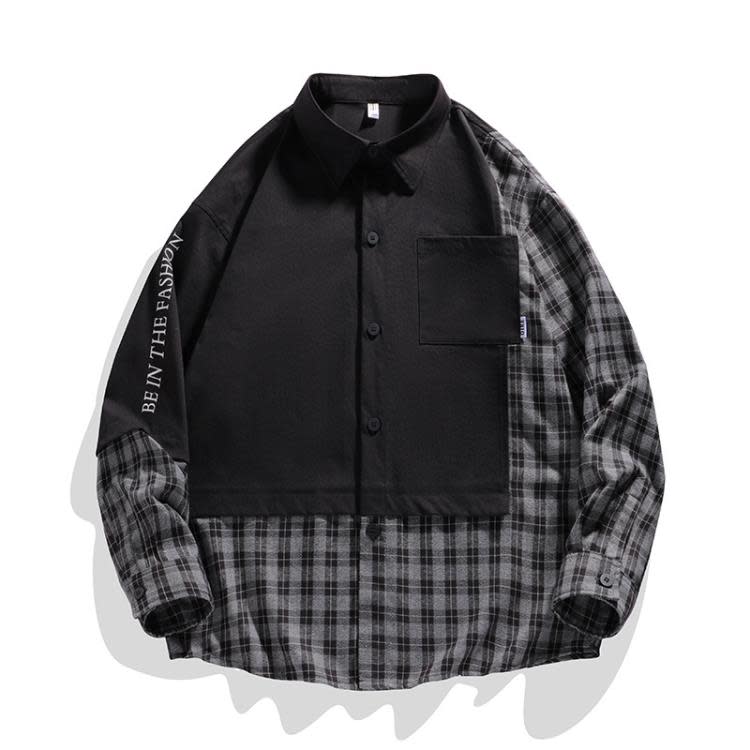 襯衫 潮牌撞色格子男長袖學生嘻哈印花休閒痞帥外穿寬松-細節圖6