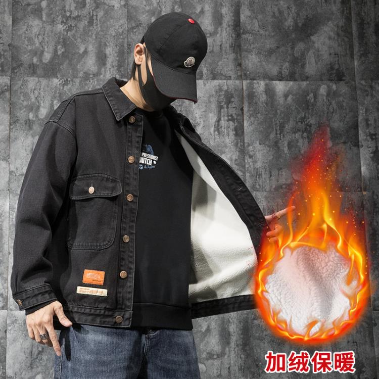 牛仔外套 潮牌印花外套男士寬松加肥加大春季新款休閒工裝夾克大碼男裝-細節圖6