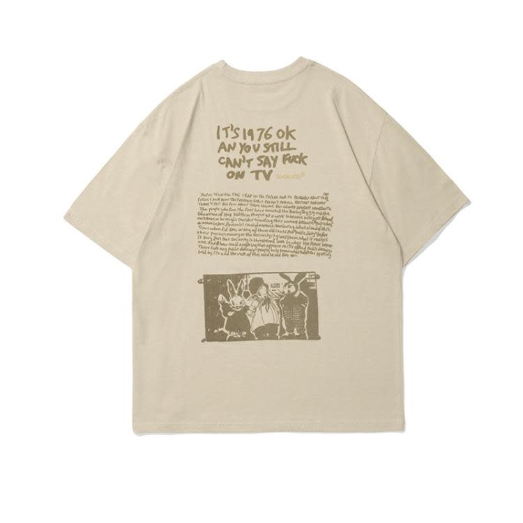 2023夏季新款復古卡通字母印花短袖T恤男潮牌香港寬松情侶圓領T恤-細節圖2