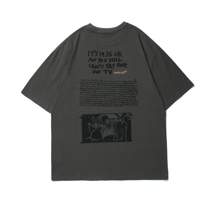 2023夏季新款復古卡通字母印花短袖T恤男潮牌香港寬松情侶圓領T恤-細節圖4