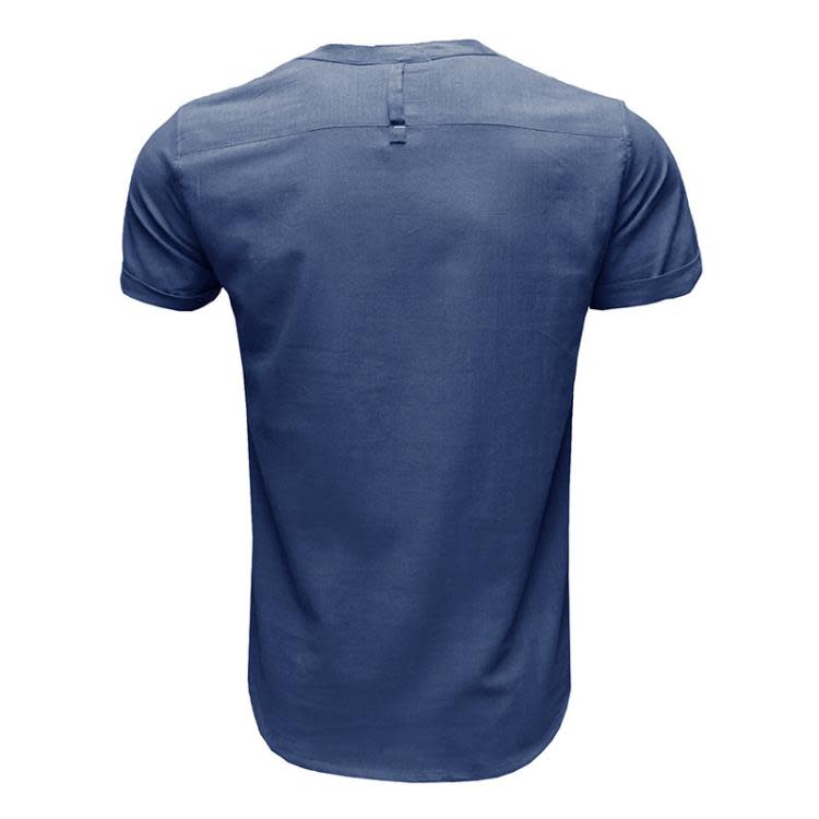 襯衫 男裝亨利領純色口袋短袖歐美男士棉麻襯衣批髮-細節圖5