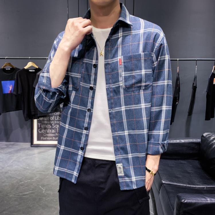 襯衫 格子男長袖正韓寸衣寬松外套2023春裝新款上衣服學生襯衣男士-細節圖2