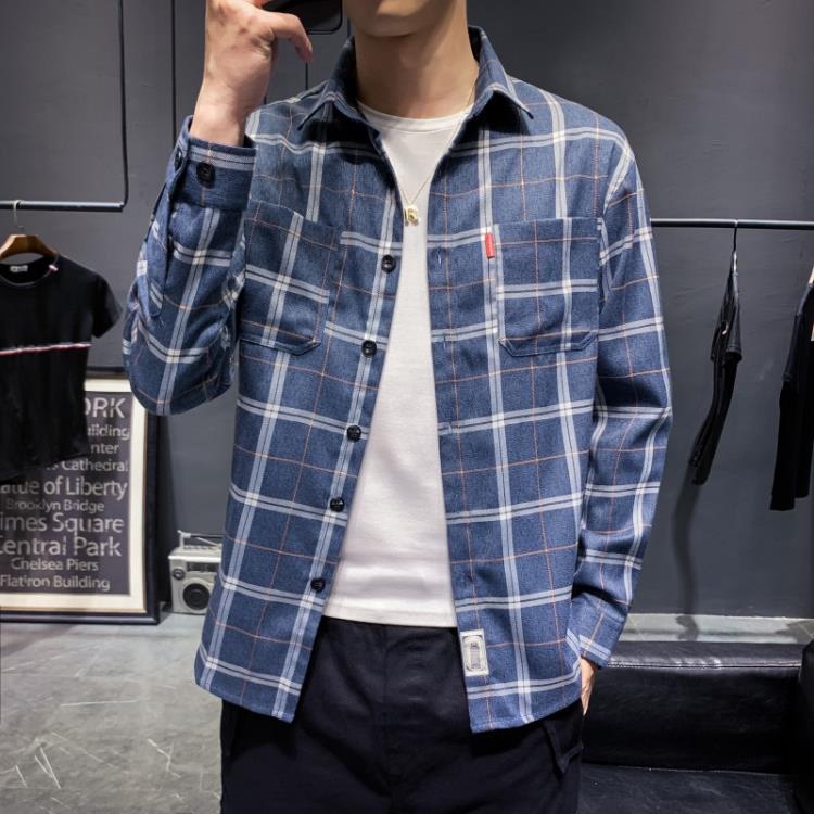 襯衫 格子男長袖正韓寸衣寬松外套2023春裝新款上衣服學生襯衣男士-細節圖3
