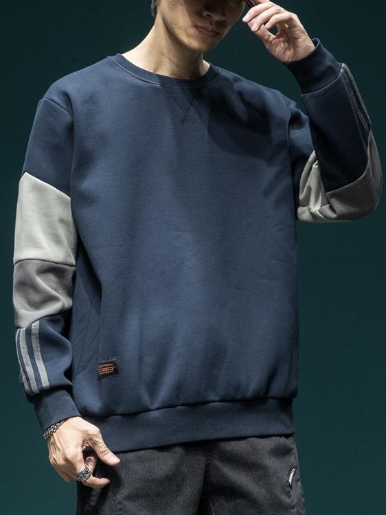 衛衣 美式拼接男士春秋新款潮牌寬松圓領大碼長袖上衣復古休閒外套-細節圖4