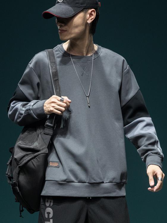 衛衣 美式拼接男士春秋新款潮牌寬松圓領大碼長袖上衣復古休閒外套-細節圖5