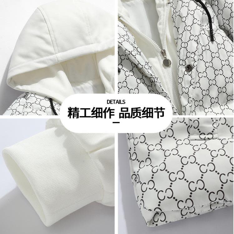 羽絨外套 假二件男士秋冬季棉加厚面包服香港潮牌印花青少年寬松連帽外-細節圖5