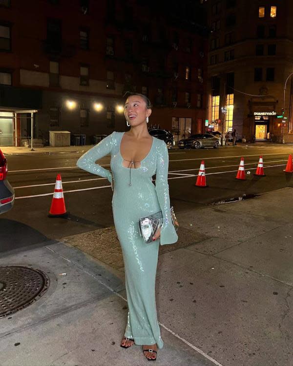 歐美時尚透明亮片V領露背彈力連身裙春秋新款長袖開叉連身裙女-細節圖3